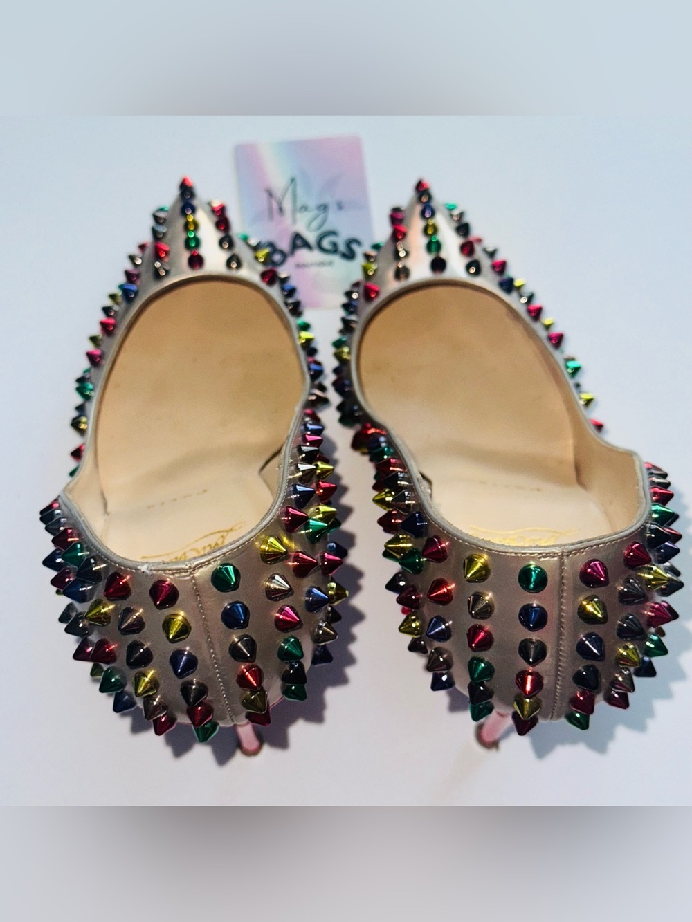 Louboutin: Multicolor Follies Spikes 100 Beige Specchio Studded Heels *RARE* - Picture 11 of 17